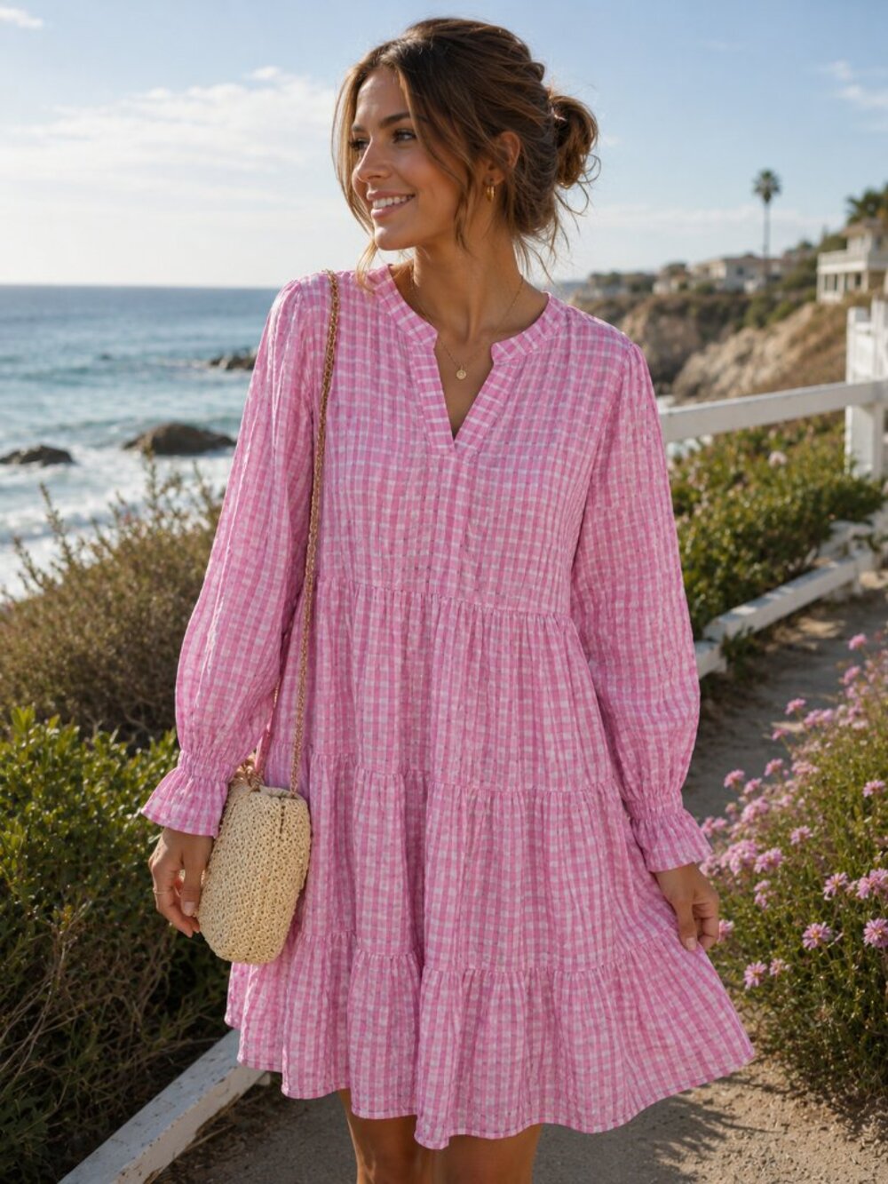 Pink Gingham Tiered Casual Coastal Boho Cottage Prairie Summer Farm house Dress